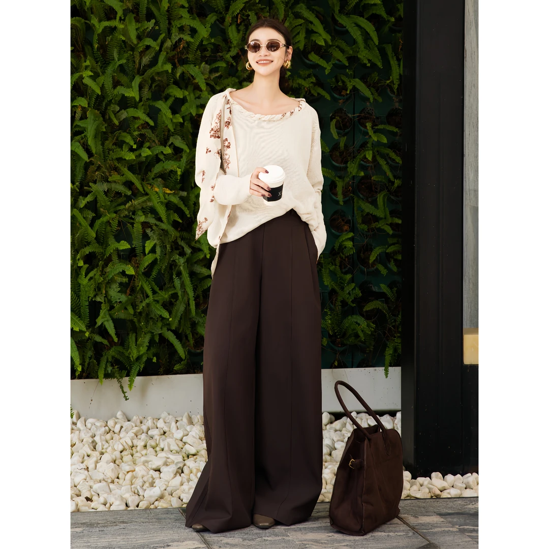 ZEROYK小众时尚套装女斜肩不规则飘带设计宽松上衣咖色阔腿裤套装