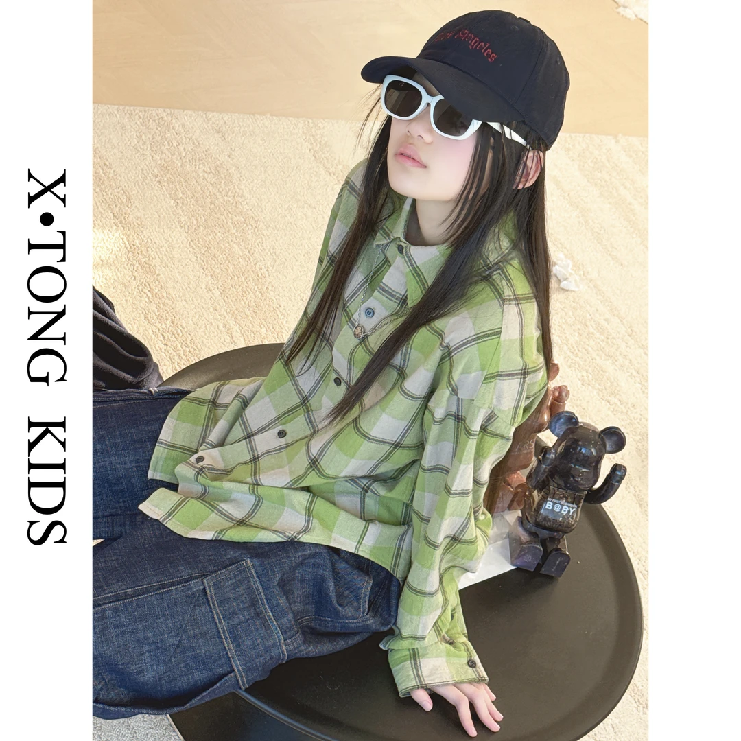 【X•TONG】叠穿神器美式休闲绿格纹翻领长袖衬衫 76728