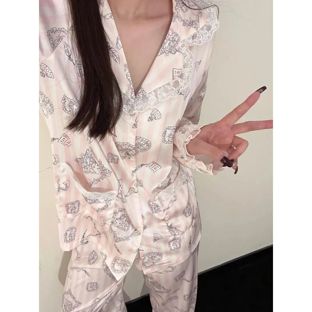 【纯欲蕾丝边】kitty印花睡衣女款春秋季水光缎长袖长裤家居服套装