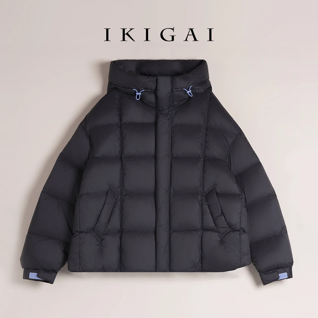 ikigai 鹅绒休闲连帽短款抽绳高领面包羽绒服