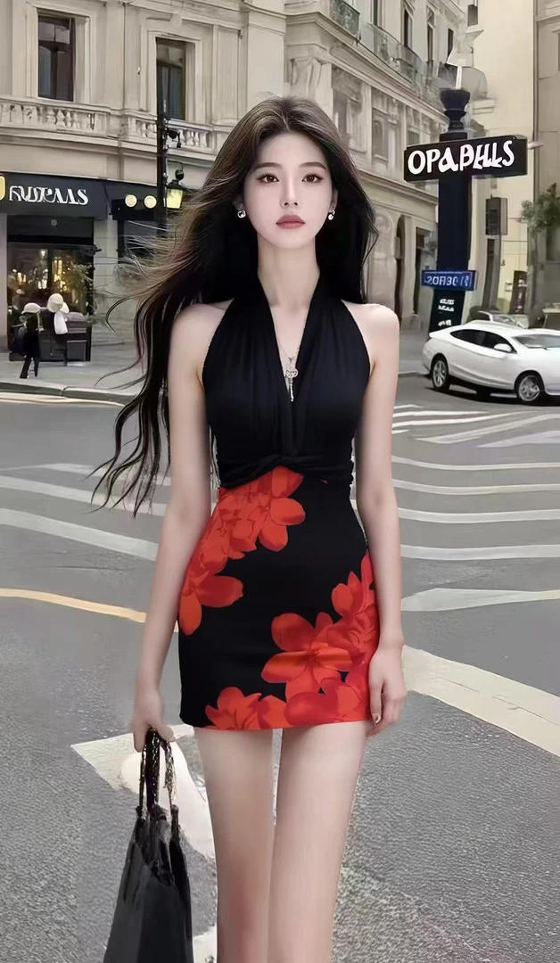 轻熟风黑色碎花V领无袖挂脖修身收腰包臀连衣裙女性感高级感裙子