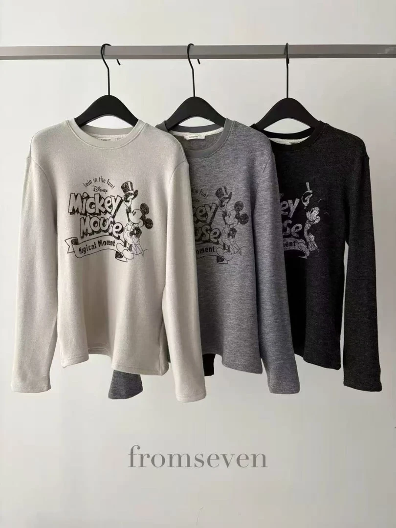 秋冬 米奇卡通字母印花  磨毛自发热长袖T恤