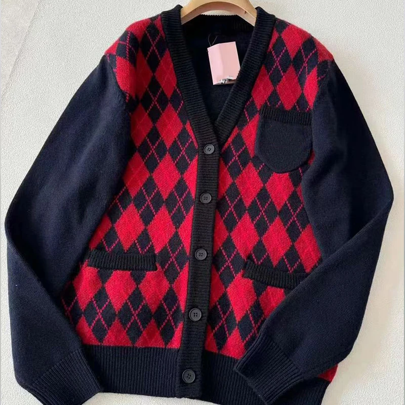 《377》南油高定时尚百搭重工撞色格子气质休闲长袖针织开衫