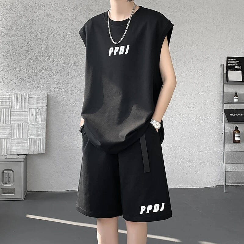 夏季新款冰丝印花无袖背心休闲运动套装男士潮流薄款宽松短袖短裤