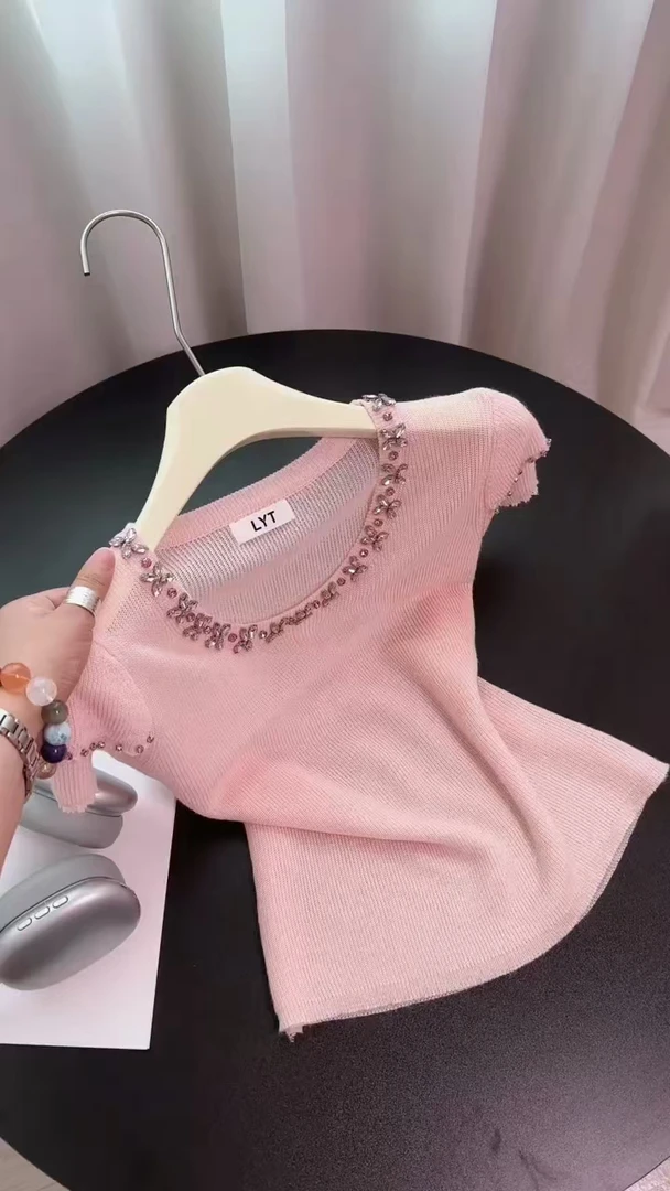 2025年夏季常规烫钻钉珠透气圆领短袖T恤女士背心唐风美学上衣女