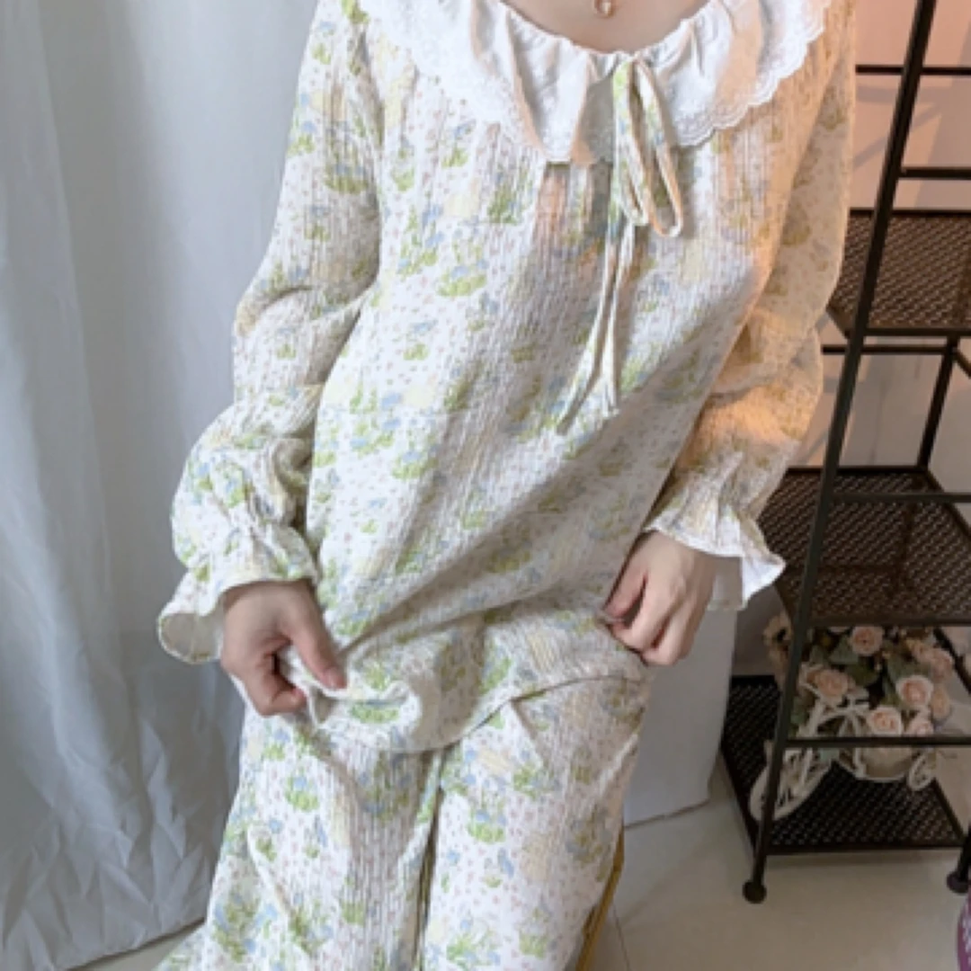 春夏新款蕾丝棉纱碎花娃娃领长袖长裤女士睡衣套装