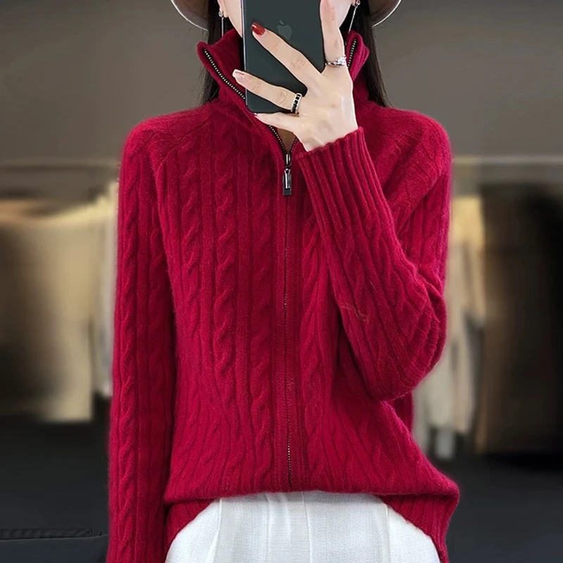 鄂尔多斯市100%纯羊绒衫女宽松加厚拉链针织开衫外套时尚羊毛毛衣