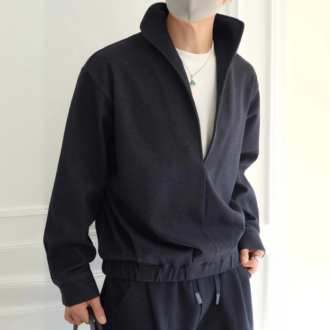 韩版轻奢假两件深V半开襟夹克休闲裤男秋季潮流新款针织牛仔套装