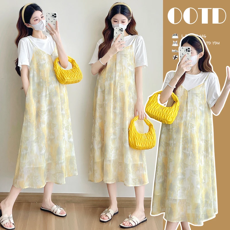 孕妇装2025夏季中长款扎染拼接假两件短袖宽松休闲孕妇连衣裙