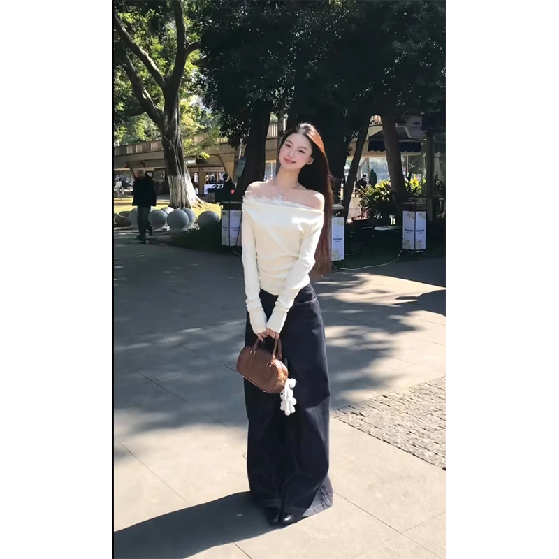 2025秋季新款时尚洋气高级感一字肩长袖上衣高腰百搭阔腿裤两件套