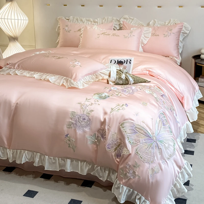 冰丝四件套夏季床单被套丝滑裸睡公主风花边被套双人夏天卧室床品