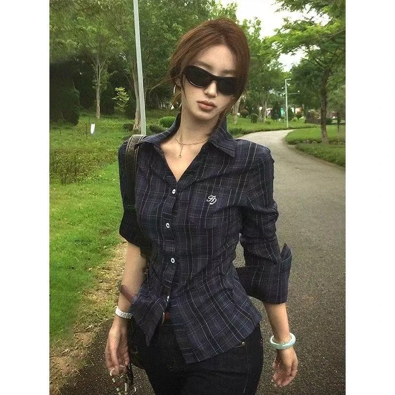 PS学院风辣妹收腰衬衫女早秋新款格子长袖衬衣修身显瘦美式上衣潮