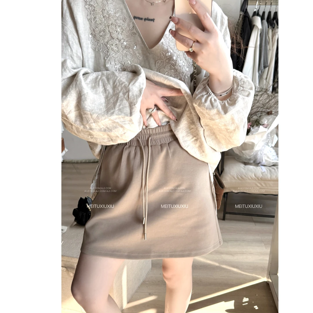 【阿乐家】大码微胖“漫步都市”抽绳高腰松紧设计防走光半身裙