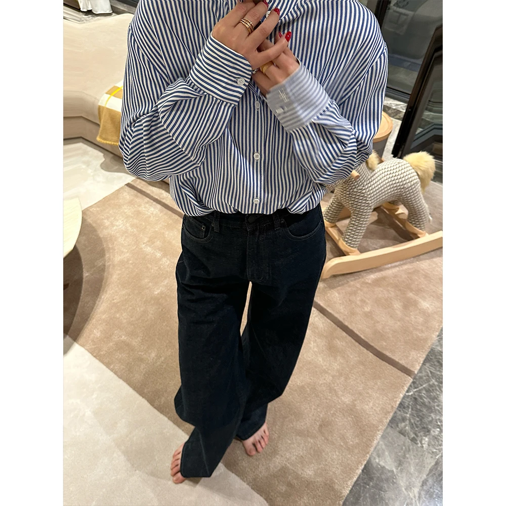 SHIIEELL复古休闲原牛色红边布直筒牛仔裤女冬宽松阔腿长裤ZC128