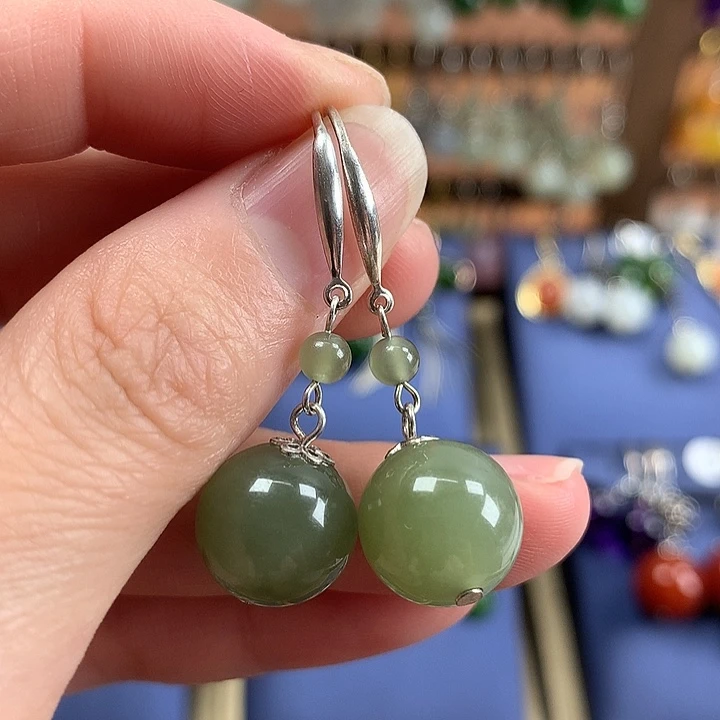 和田玉银S925镶嵌耳饰12左右晴水绿