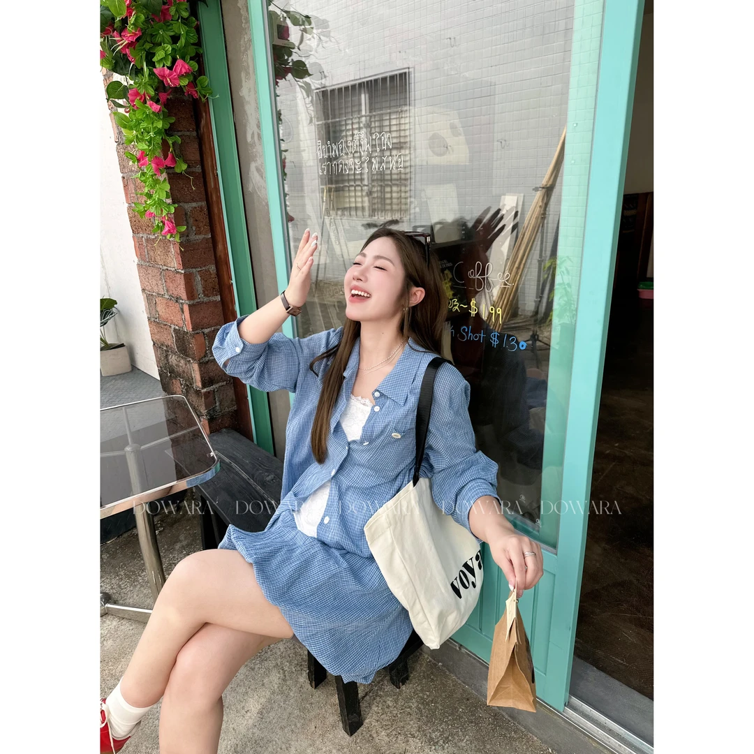 现货8270D大婉酱肉肉微胖定制【慵懒格纹】休闲格纹衬衫+显瘦花苞裙