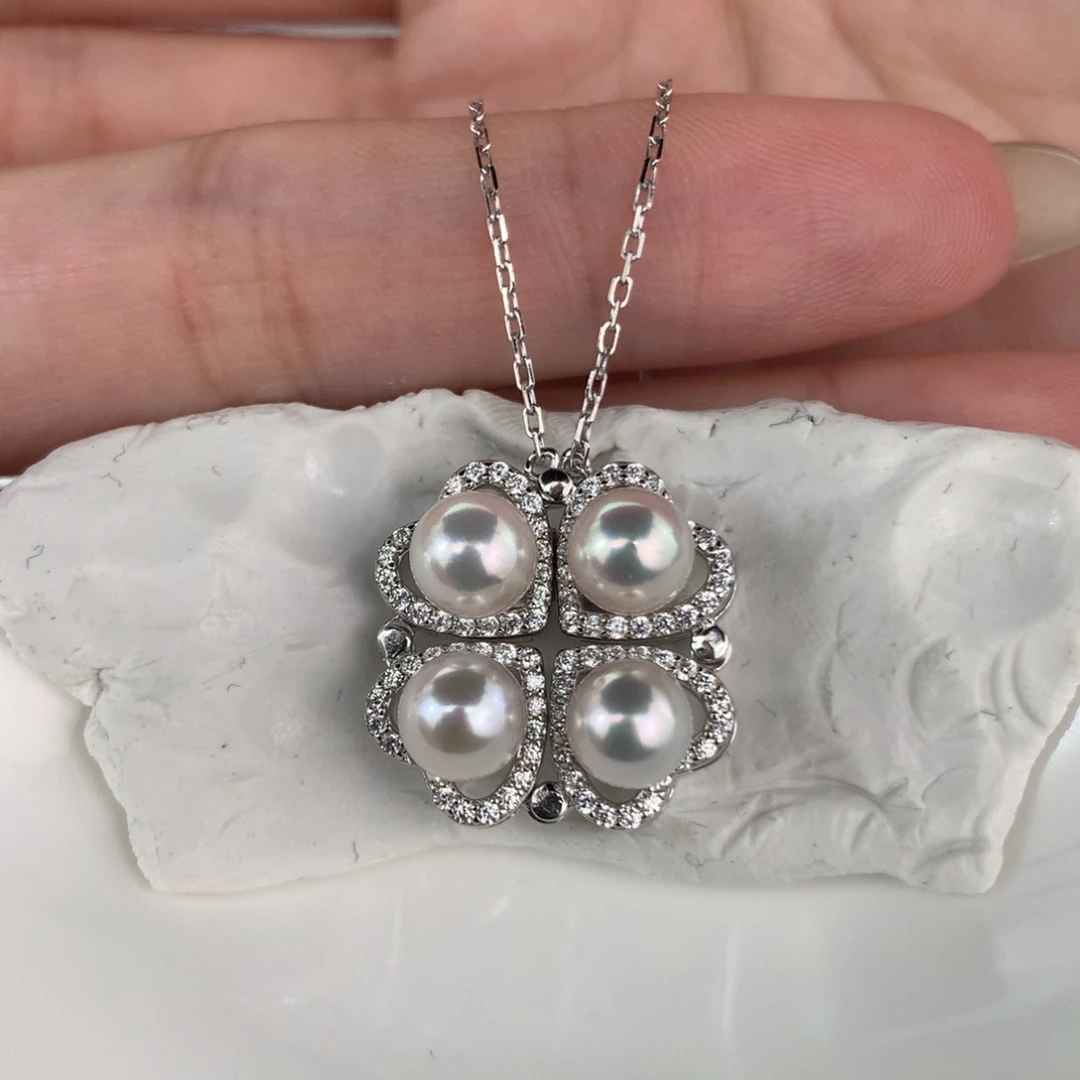 银S925镶嵌套链定制海水珍珠Ak5-6mm四叶草项链