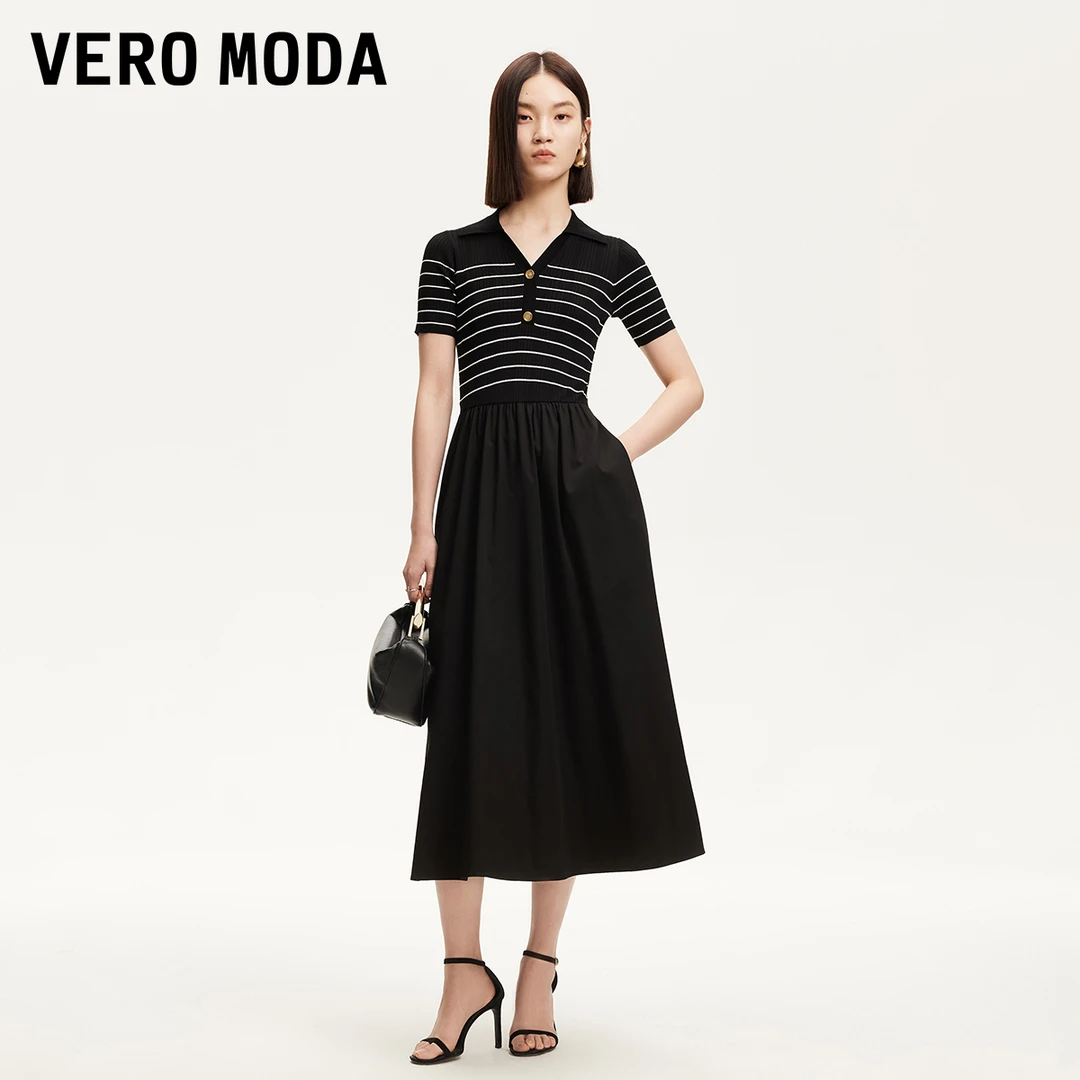 Vero Moda连衣裙2025夏季V形翻领撞色条纹针织拼接甜美可爱风格