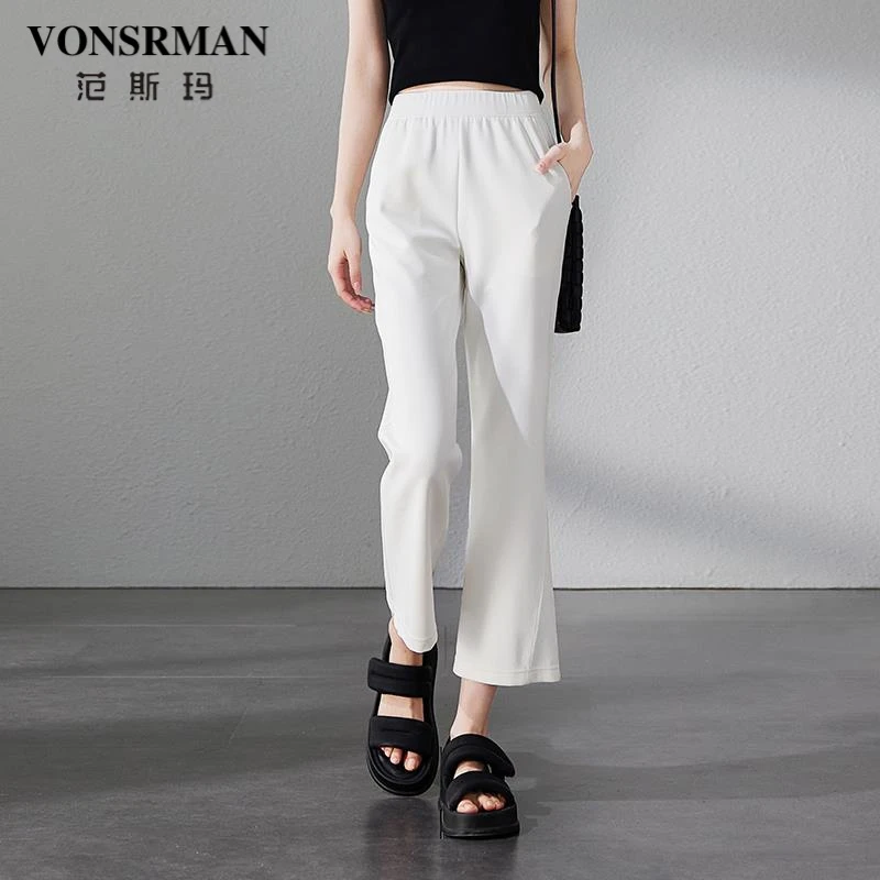 复古白色靴型休闲裤女2025新款夏季款式流行的多用途高腰修身九分
