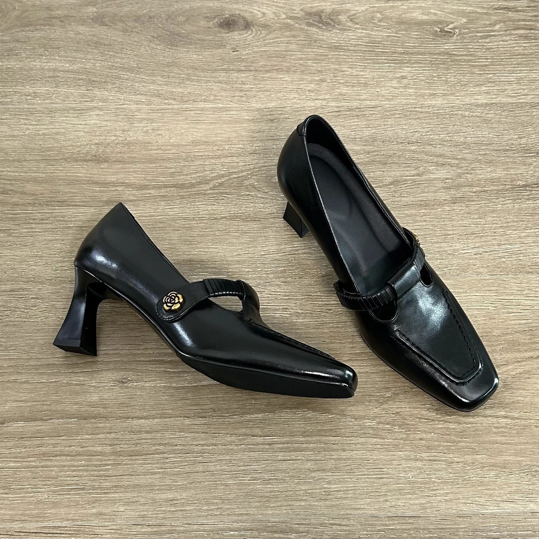 Dannyfrey春季法式增高浅口方头单鞋高跟黑色时尚单鞋6.5CM