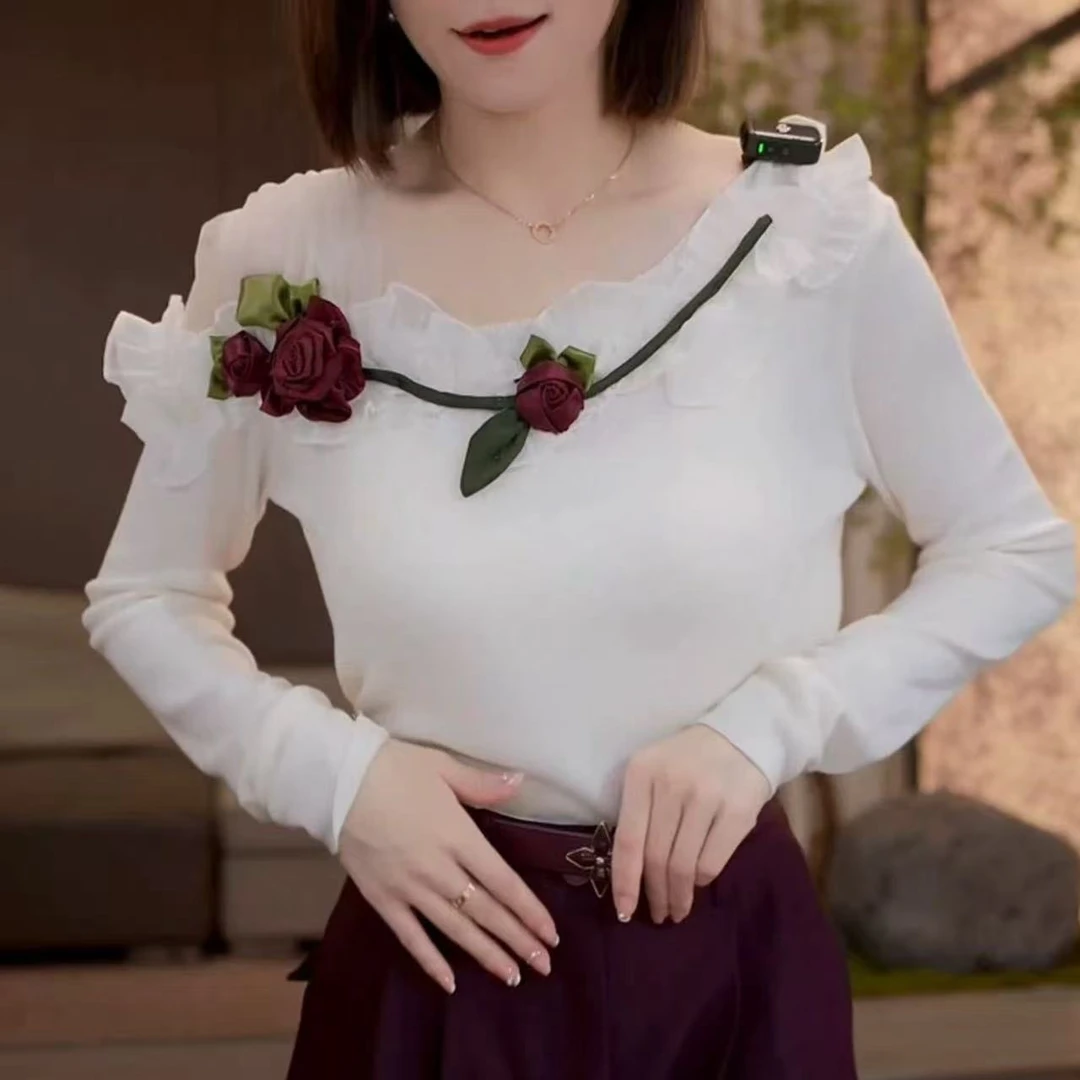 【750】法式温柔风白色斜肩2025秋冬立体花朵长袖内搭上衣