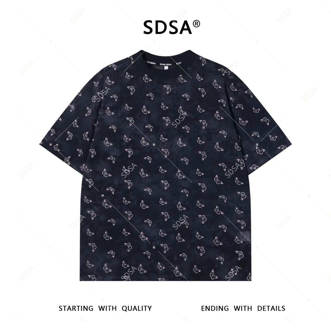 夏季高级感新款男士韩系洒金满印蝴蝶印花短袖T恤休闲圆领上衣