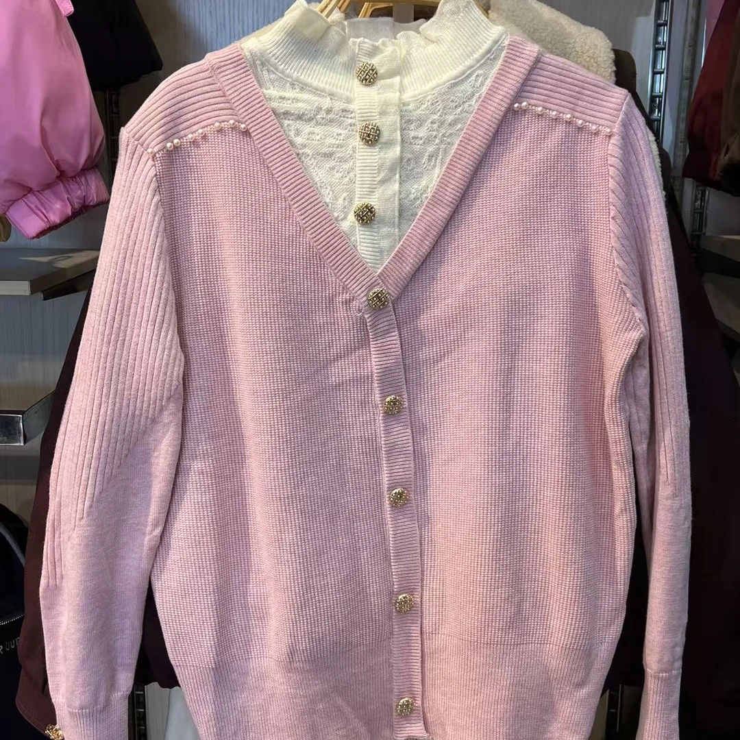 爱优品 撞色拼接蕾丝修身显瘦百搭洋气毛衣