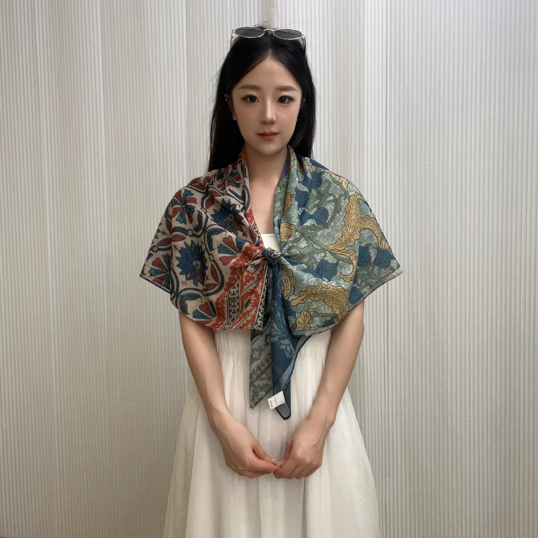 110*110出游~沙滩巾国风古风百搭民族风不掉色千鸟格法式丝巾复古