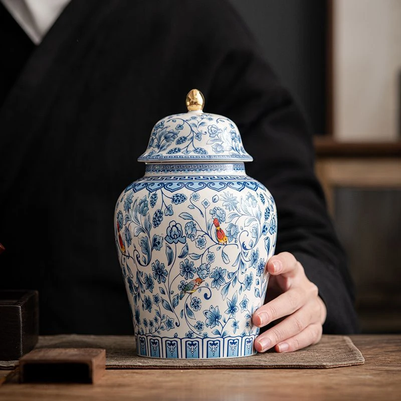 喜鹊青花将军罐陶瓷茶叶罐密封防潮罐大号陶瓷存储罐 4809