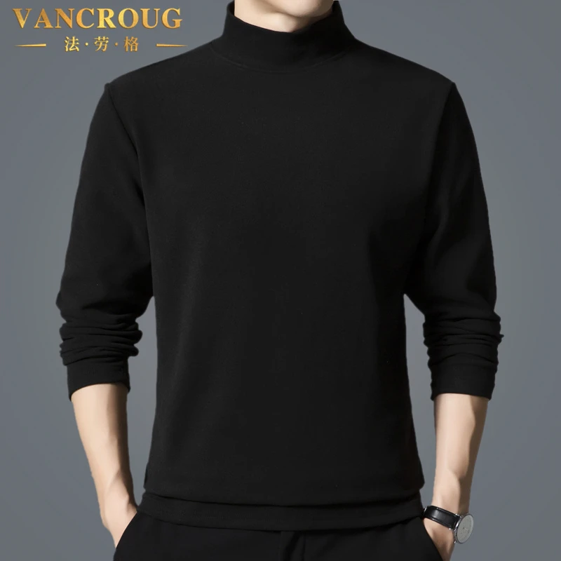 VANCROUG/法劳格长袖t恤男士秋冬双面绒打底衫半高领磨毛百搭上衣