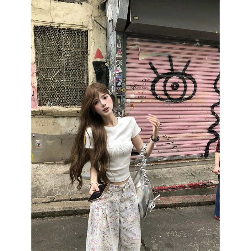 花园秀场简约时尚刺绣蝴蝶结圆领正肩短袖女小鱼涂鸦高腰休闲长裤