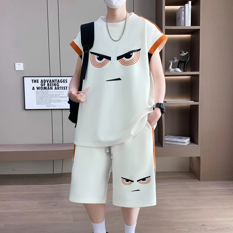 男士无袖t恤2025夏季薄款青少年休闲套装学生男孩运动两件套衣服