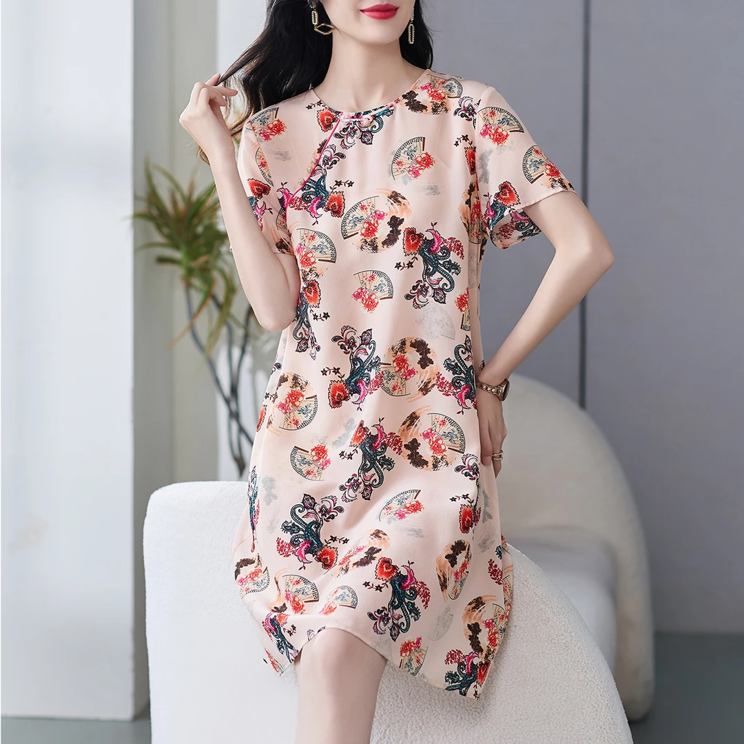 69557小个子新中式真丝连衣裙女夏新高端桑蚕丝微胖重要场合短裙