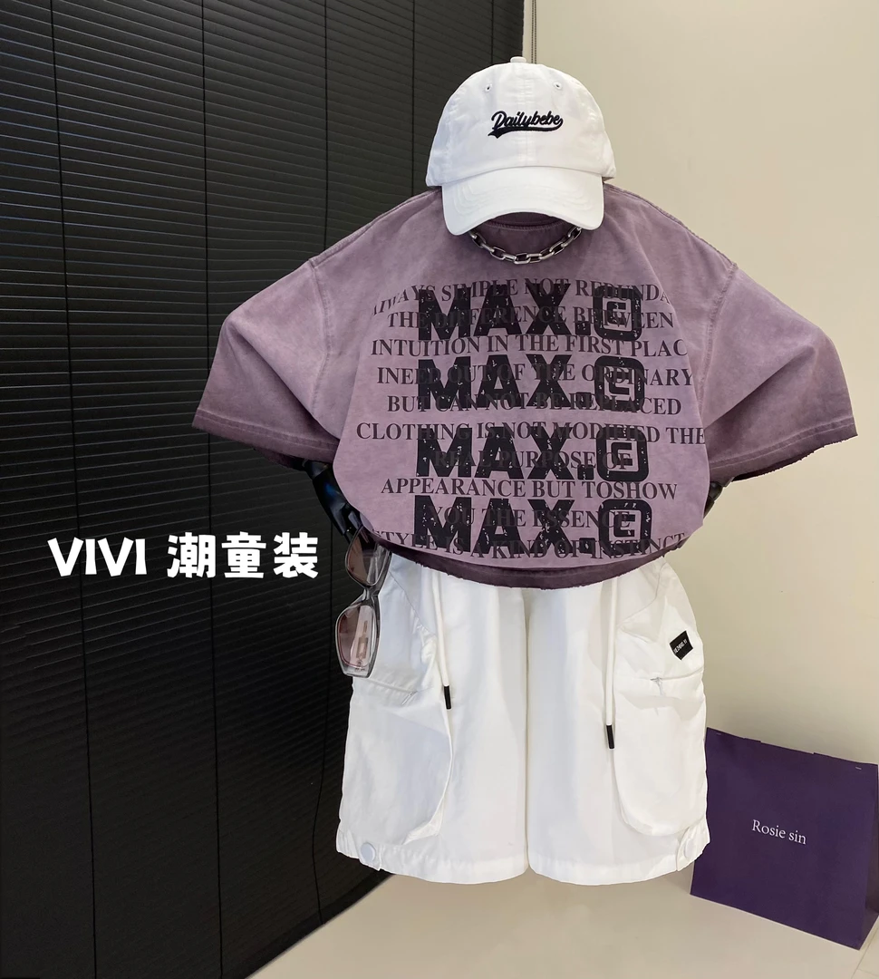VIVI童装 2025夏季潮牌中大童紫色水洗扎染印花字母短袖T恤