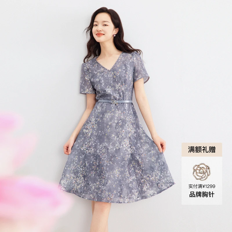 【缪斯谜踪】珂莱蒂尔商场同款时尚长裙优雅显瘦气质蓝色蕾丝连衣裙