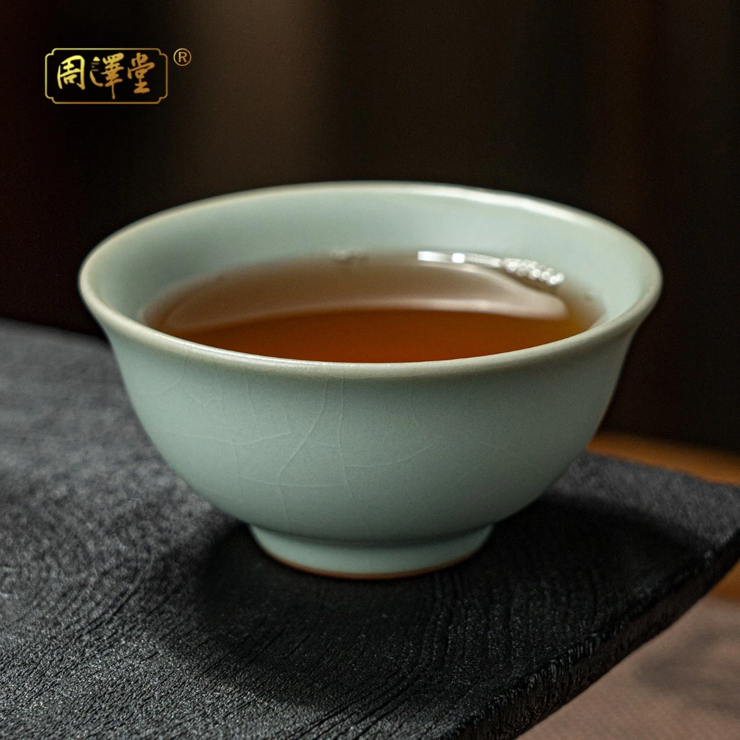周泽堂天青汝窑合一杯景德镇陶瓷茶杯手工青瓷复古开片可养礼盒装