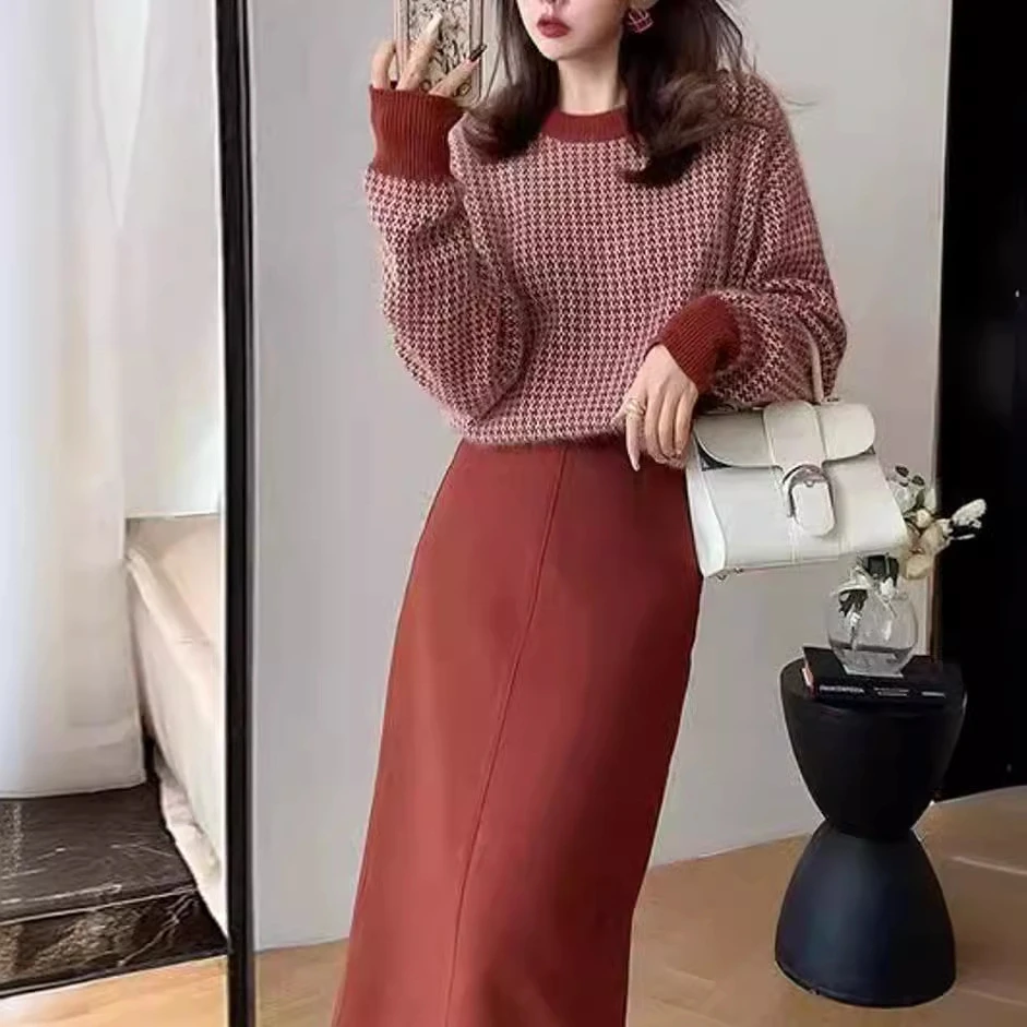 法式高级感红色套装2025春秋毛呢连衣裙名媛气质毛衣半身裙两件套