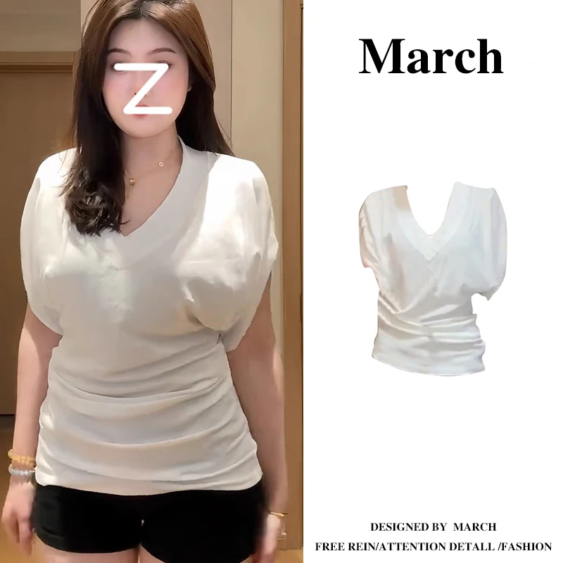 美式胖mm夏季V领短袖T恤2025显瘦收腰气质高级感纯欲大码T恤11081