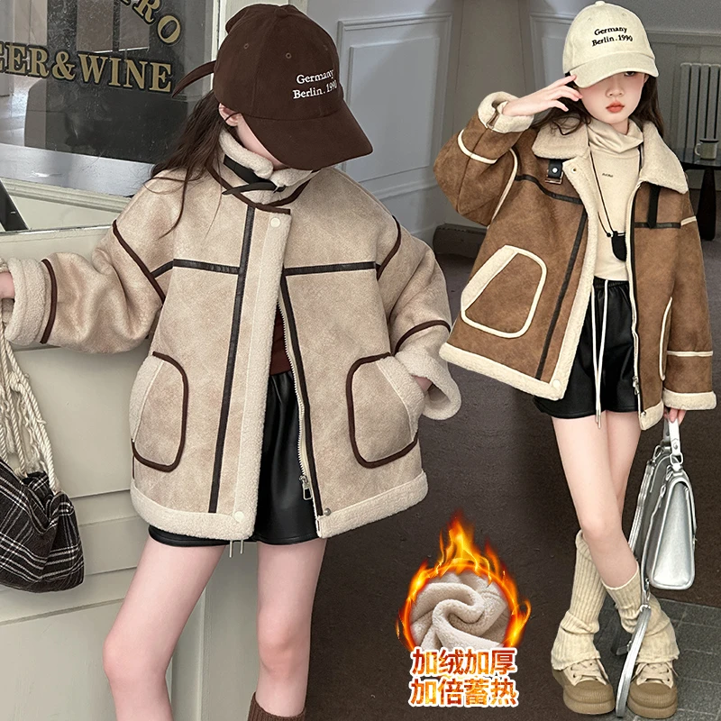 女童秋冬装皮毛一体外套冬季大童韩系穿搭加绒加厚保暖机车服夹克