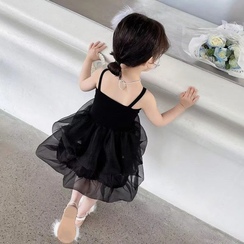 女童黑色礼服裙夏款小女孩吊带裙女宝宝网纱蓬蓬裙儿童演出公主裙