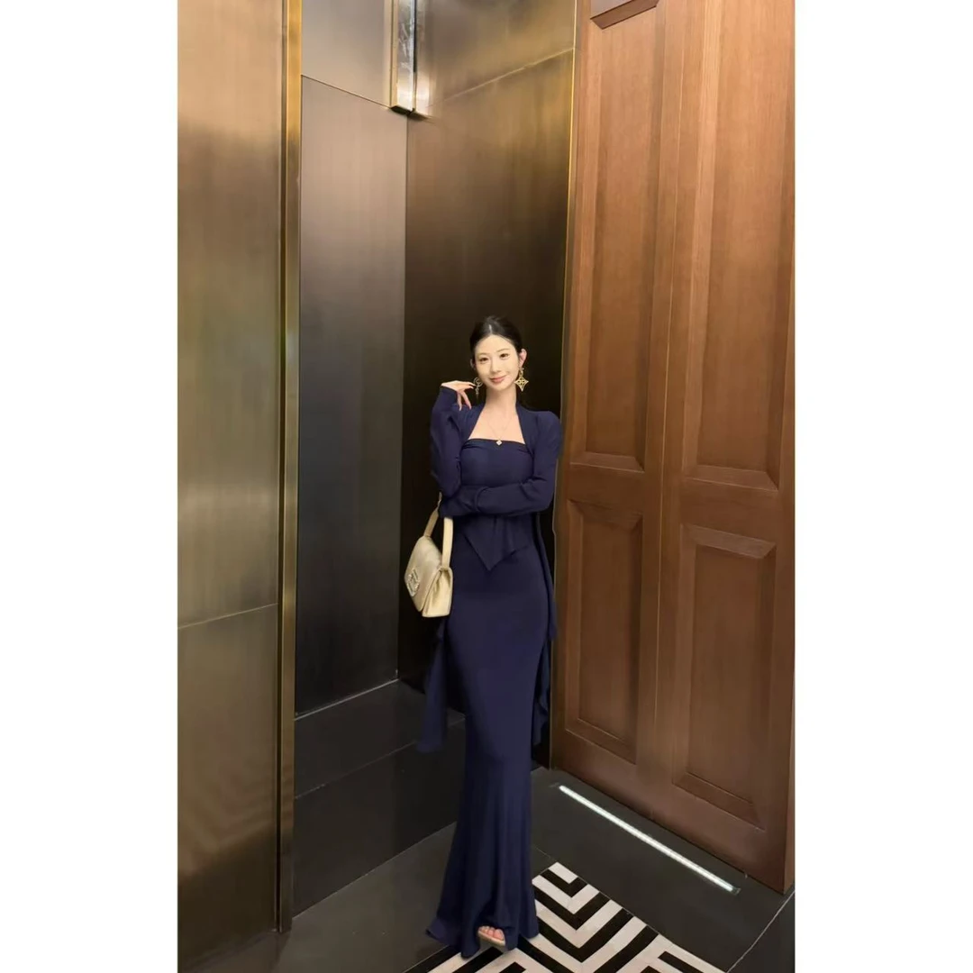 【幽兰】藏蓝色天丝针织开衫不规则抹胸修身鱼尾裙套装