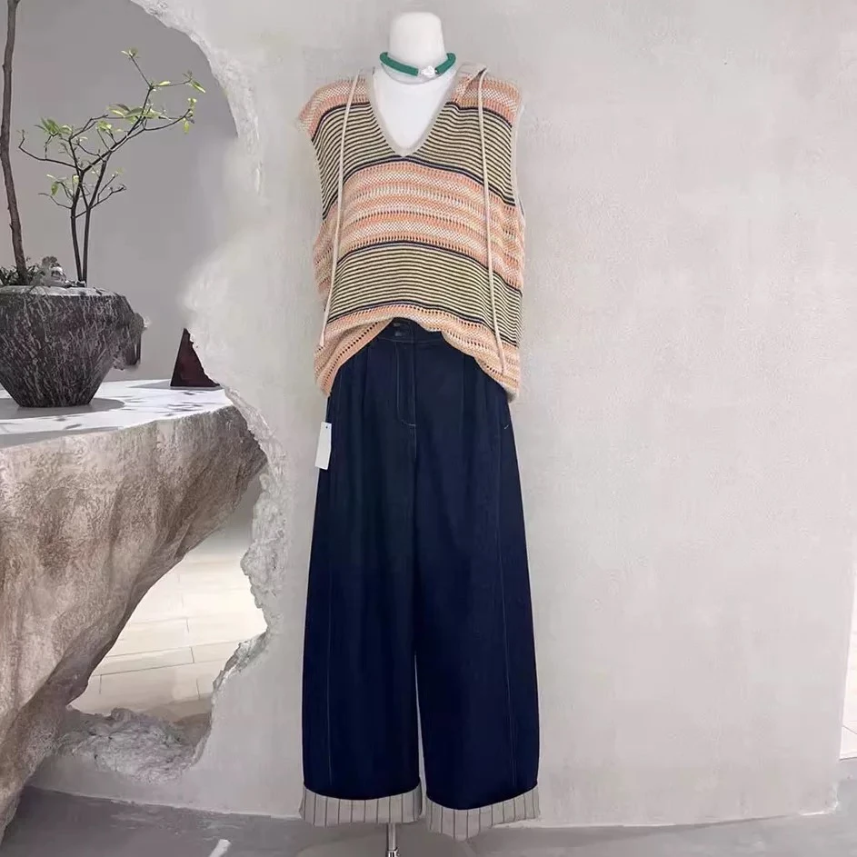 D50471彩色条纹无袖针织马甲搭配高腰阔腿裤女夏季新款