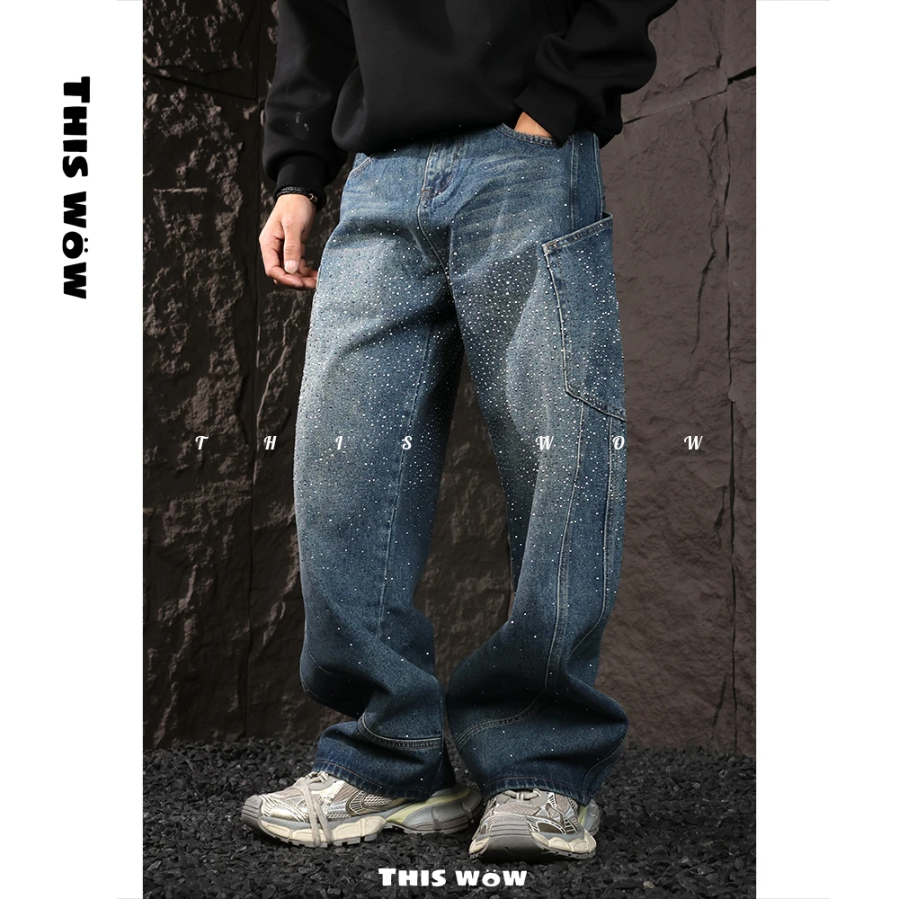 【满天星烫钻阔腿裤】THISWOW新款美式高街微弯刀宽松牛仔裤A2067