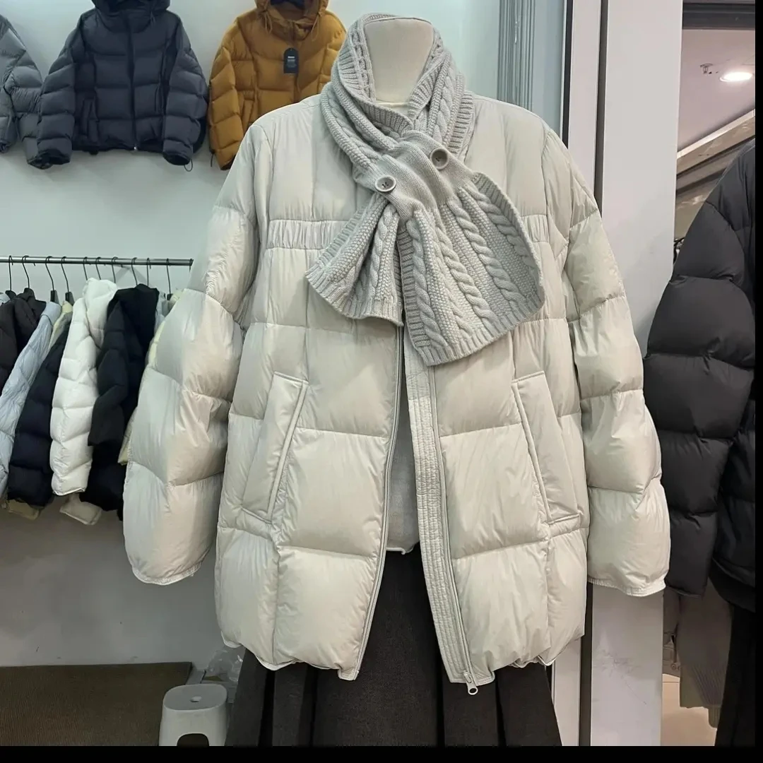 韩系简约风圆领中长款宽松配围巾棉服女冬季时尚保暖外套