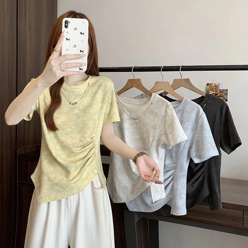 2025夏装新款胖mm大码女设计感链条扎染不规则短袖T恤