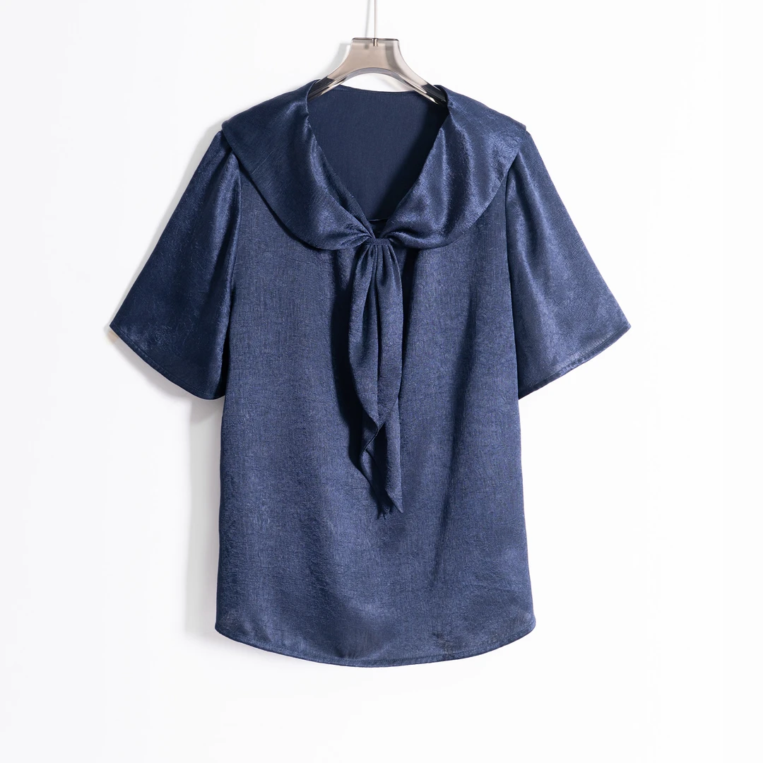 PS250510夏新款醋酸面料小众设计时尚百搭短袖T恤上衣复古海军领