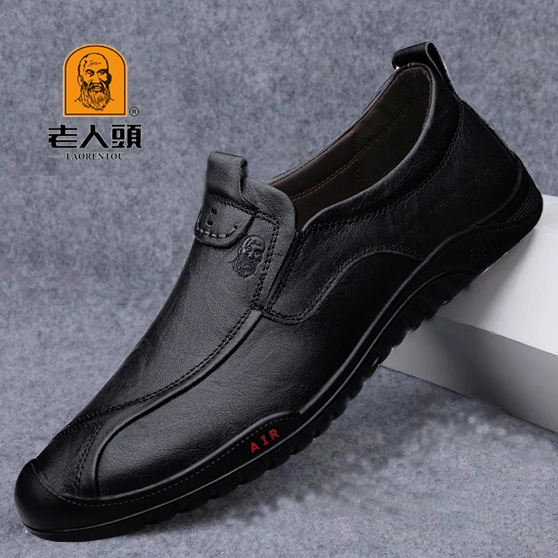 老人头官方正品男鞋真皮透气高档男士休闲皮鞋软皮软底中年爸爸鞋