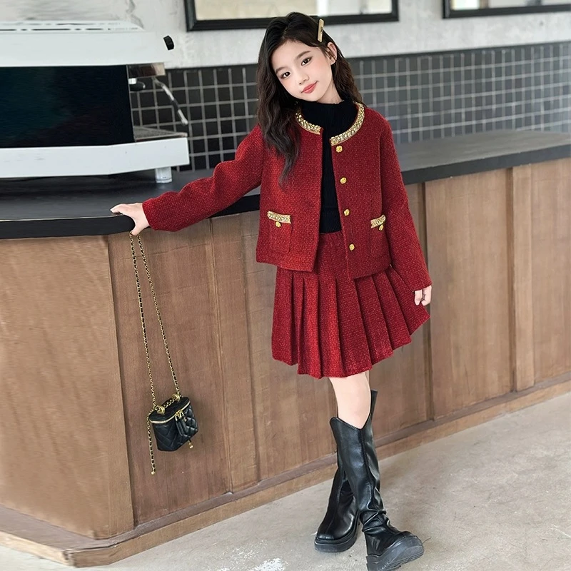 女童秋冬季新款时尚公主风红色套装中大儿童女孩洋气小香风两件D