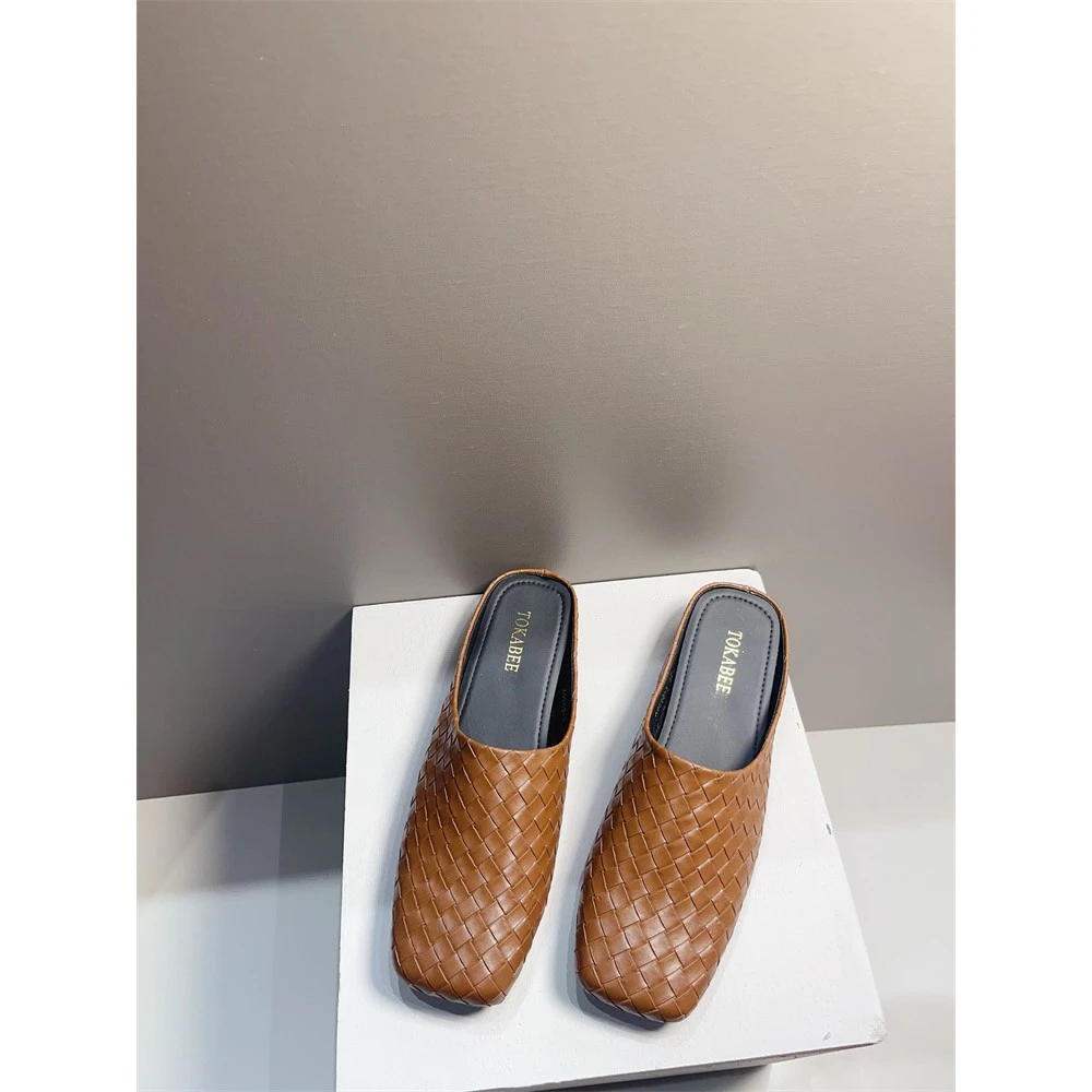 韩国复古编织包头半拖鞋女夏外穿一脚蹬平底罗马凉拖鞋女穆勒拖鞋