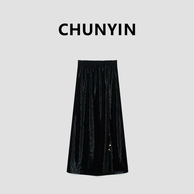 李心儿【摇曳生姿】秋冬黑色显瘦气质设计师百搭设计感半身裙1830